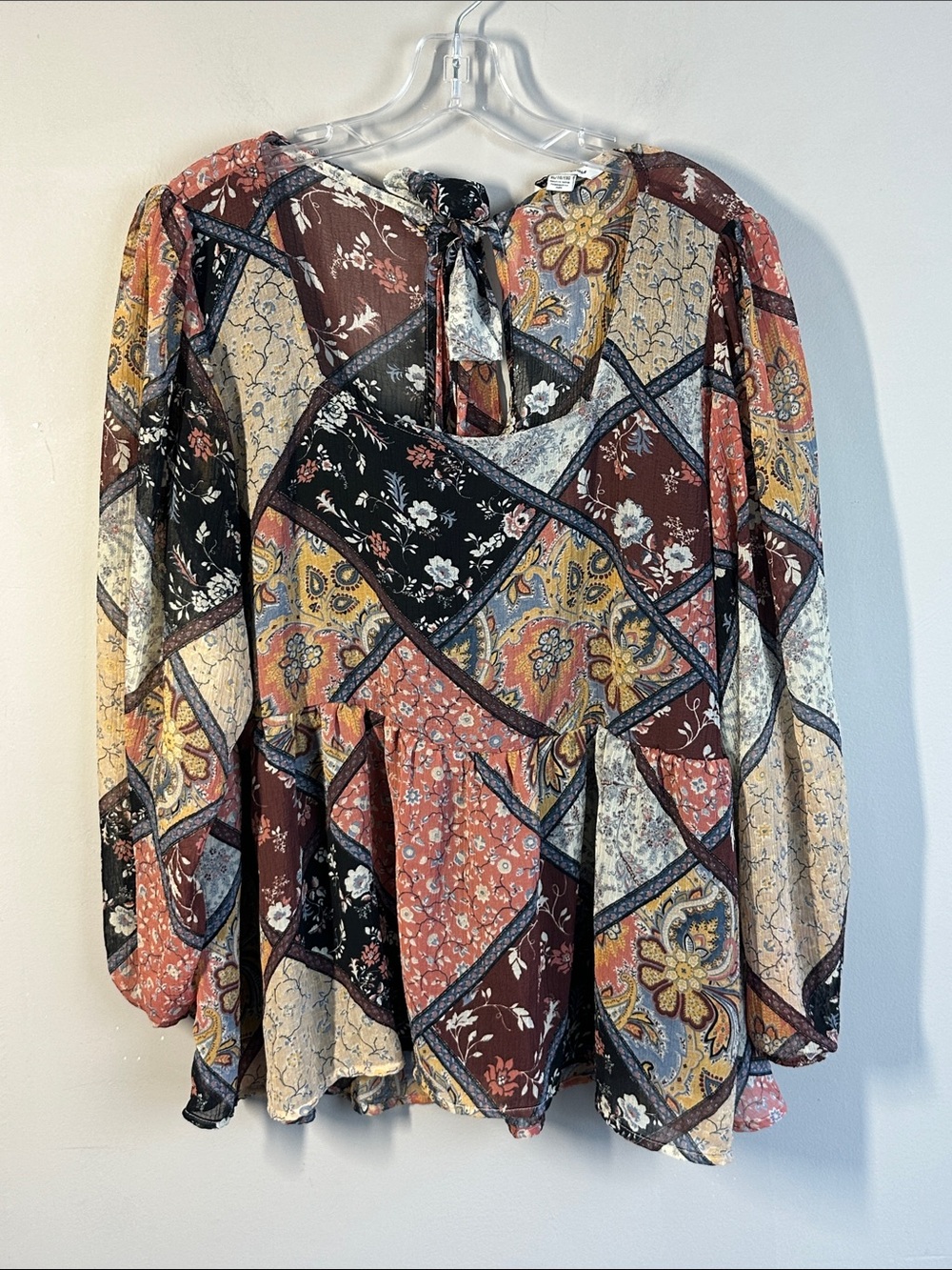 American Eagle Patchwork Babydoll Blouse Size XL Boho Southwest Festival Fall